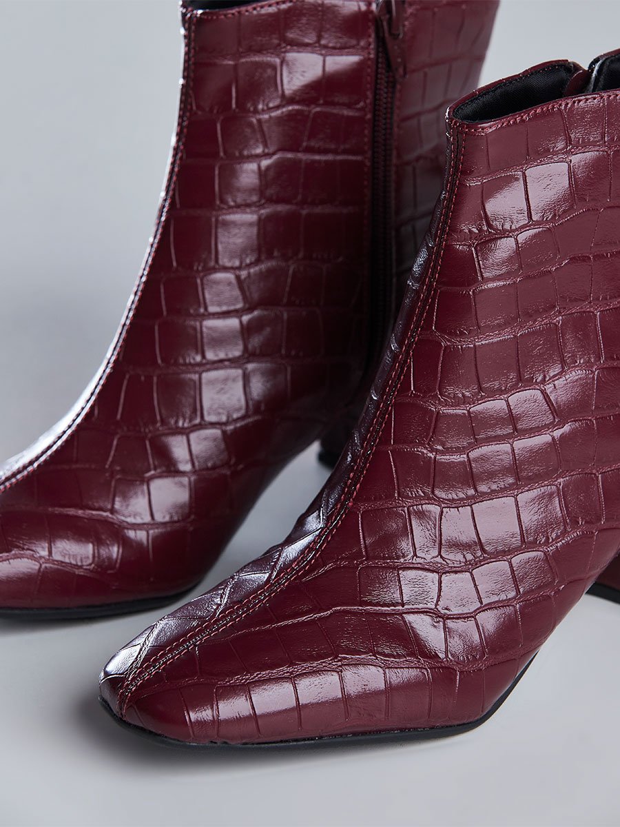Bota Cano Curto Feminina Couro Croco Vinho Vinho 4
