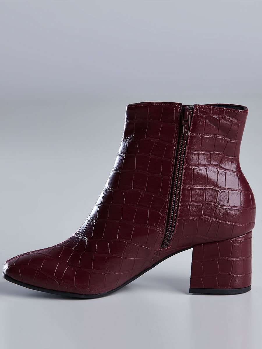 Bota Cano Curto Feminina Couro Croco Vinho Vinho 5