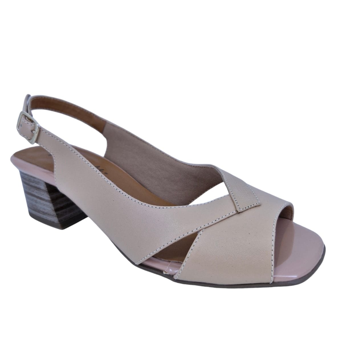 Sandália Feminina Casual Salto Bloco Em Couro Scarpetti 22-1659 Bege Bege 2