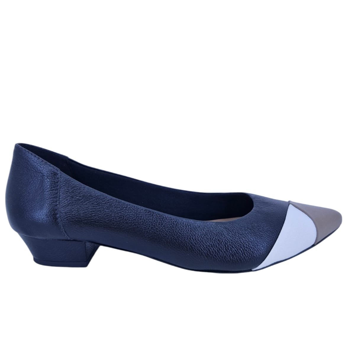 Sapatilha Feminina Bico Fino Em Couro Casual Scarpetti 360 Preto Azul Marinho/Branco 1