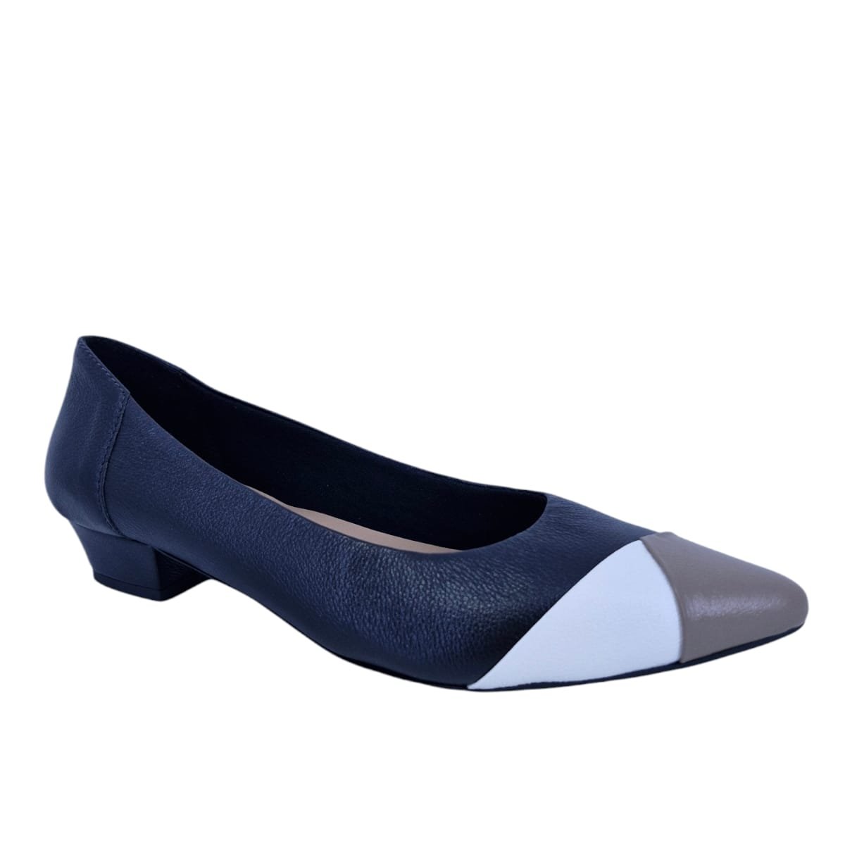 Sapatilha Feminina Bico Fino Em Couro Casual Scarpetti 360 Preto Azul Marinho/Branco 2