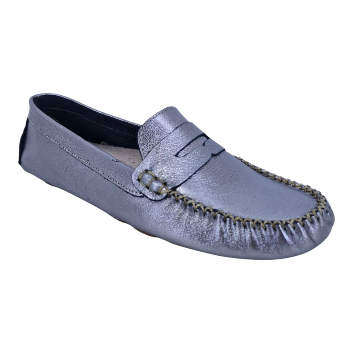 Mocassim Driver Feminino Em Couro Scarpetti 208 Prata Velho Prata Velho 2