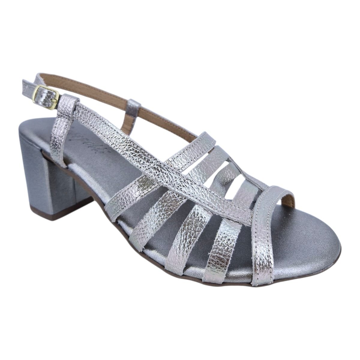 Sandália Feminina Em Couro Salto Bloco Casual Scarpetti 1128-1589 Prata Velho Prata 2