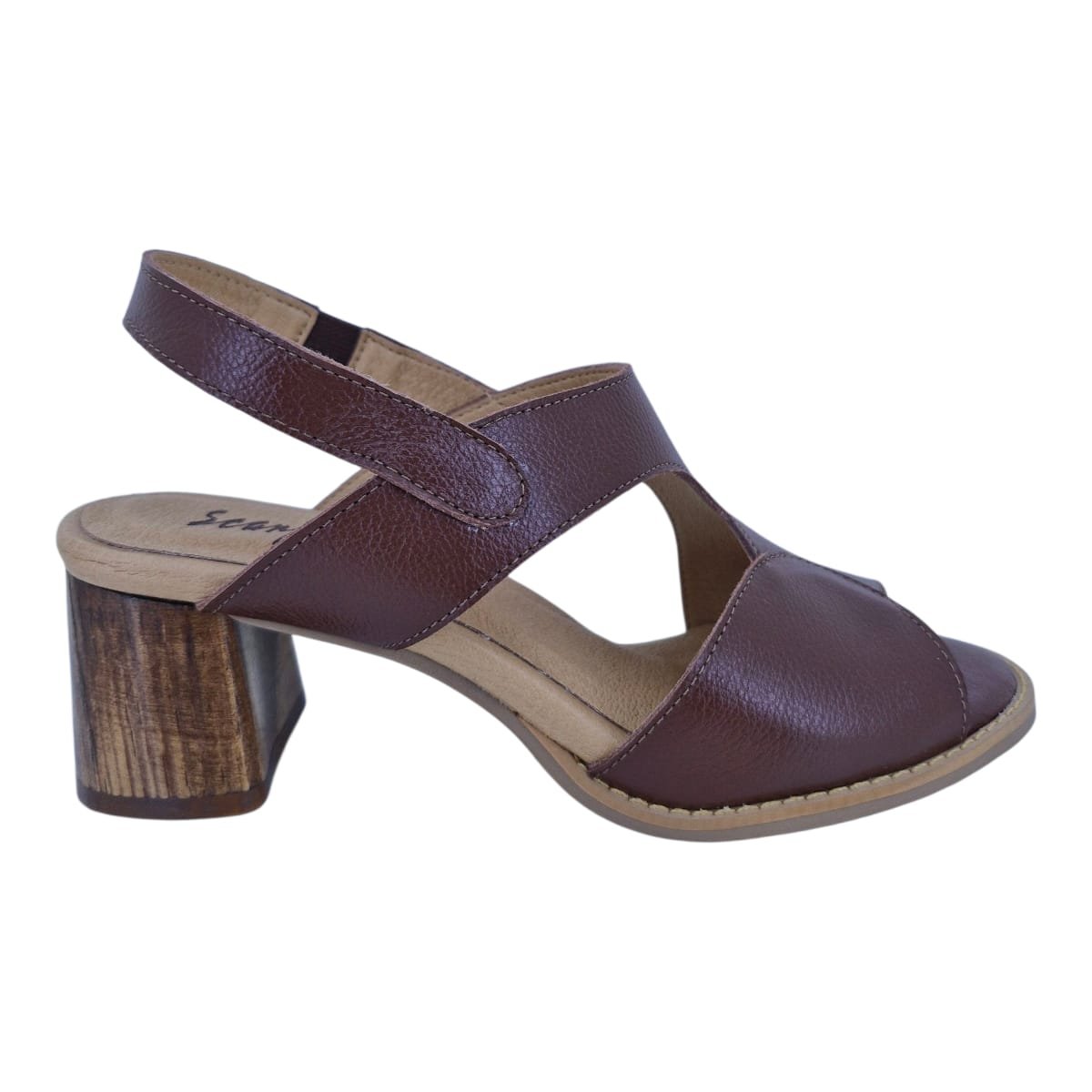 Sandália Feminina Casual Salto Bloco Em Couro Scarpetti 25-720 Marrom