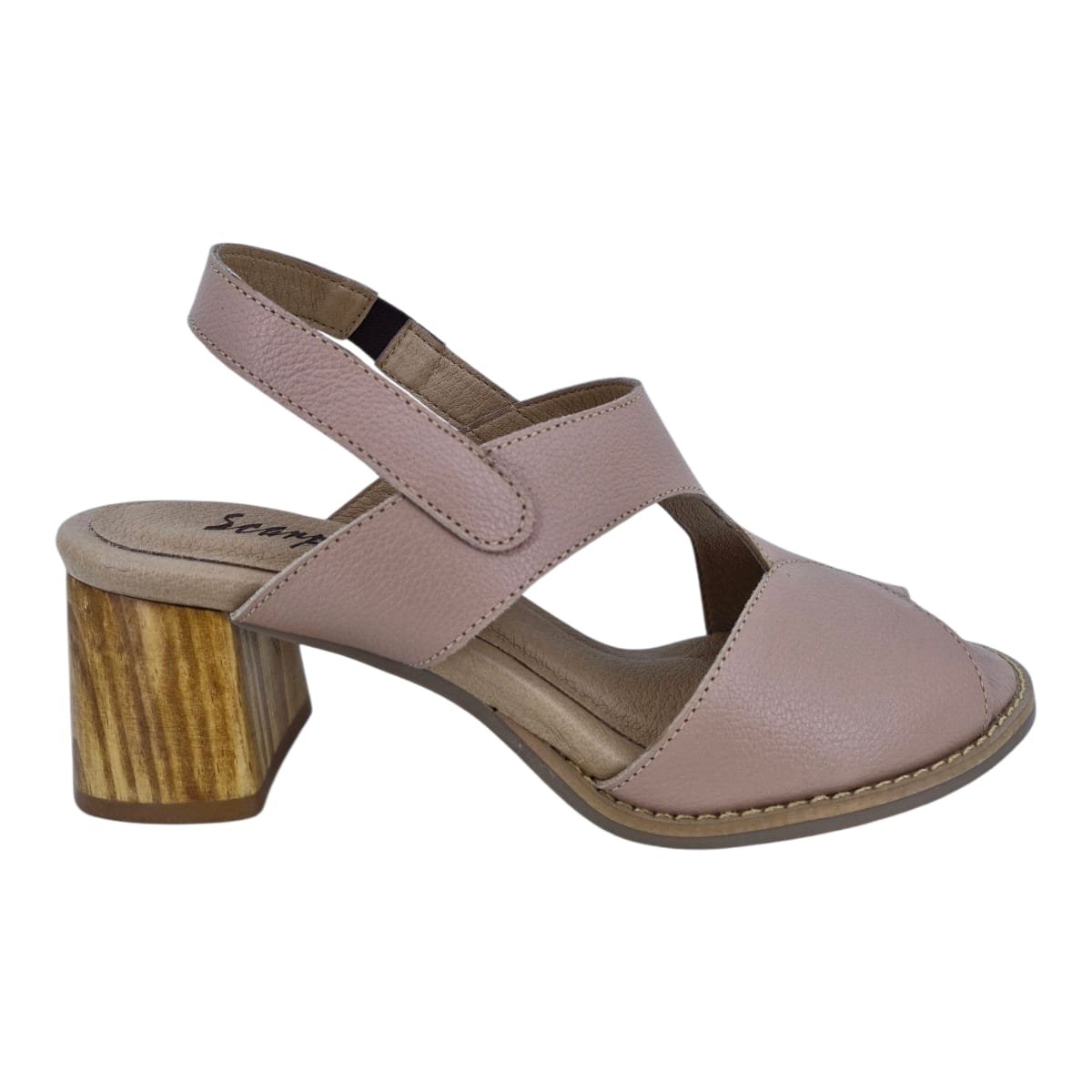 Sandália Feminina Casual Salto Bloco Em Couro Scarpetti 25-720 Nude