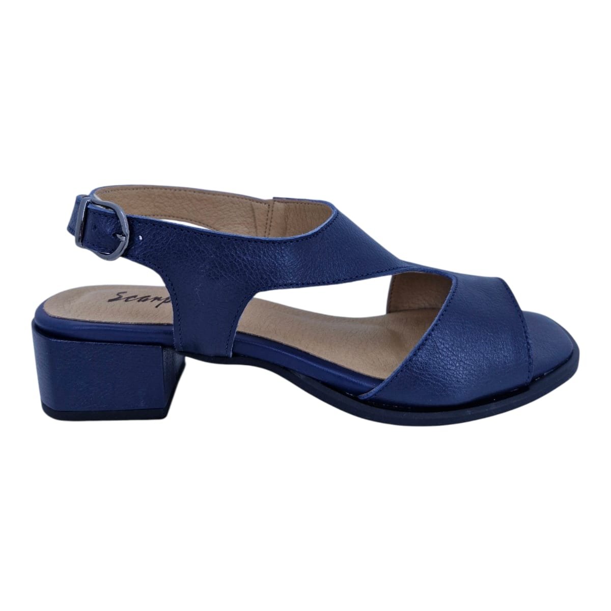 Sandália Feminina Casual Salto Bloco Em Couro Scarpetti 25-224 Azul
