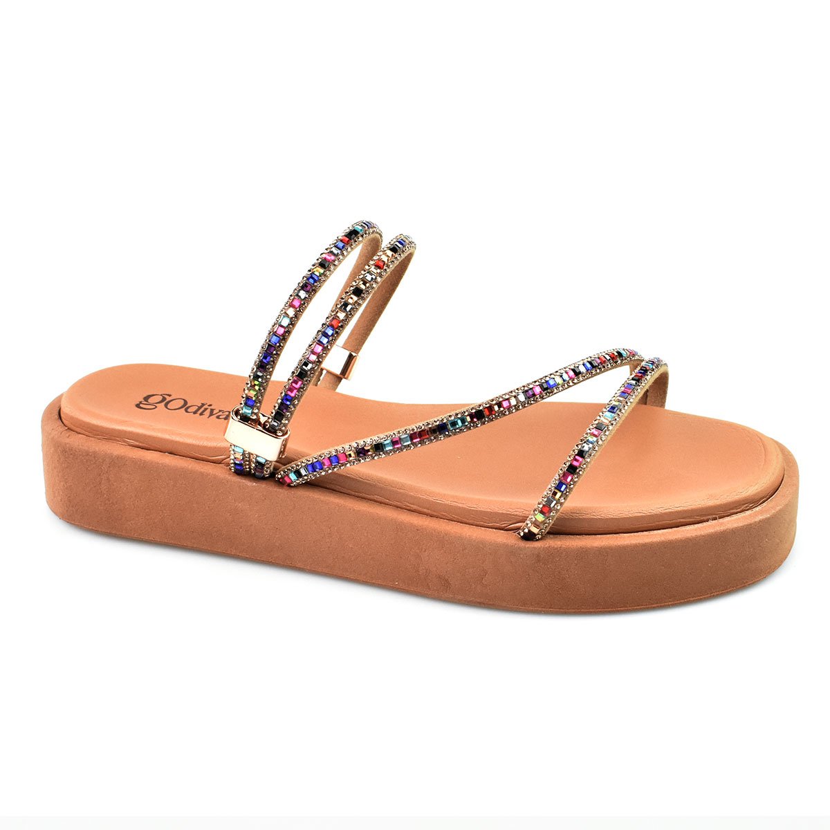Sandália Godiva Plataforma Tiras Finas Com Strass Feminina Caramelo Caramelo 1