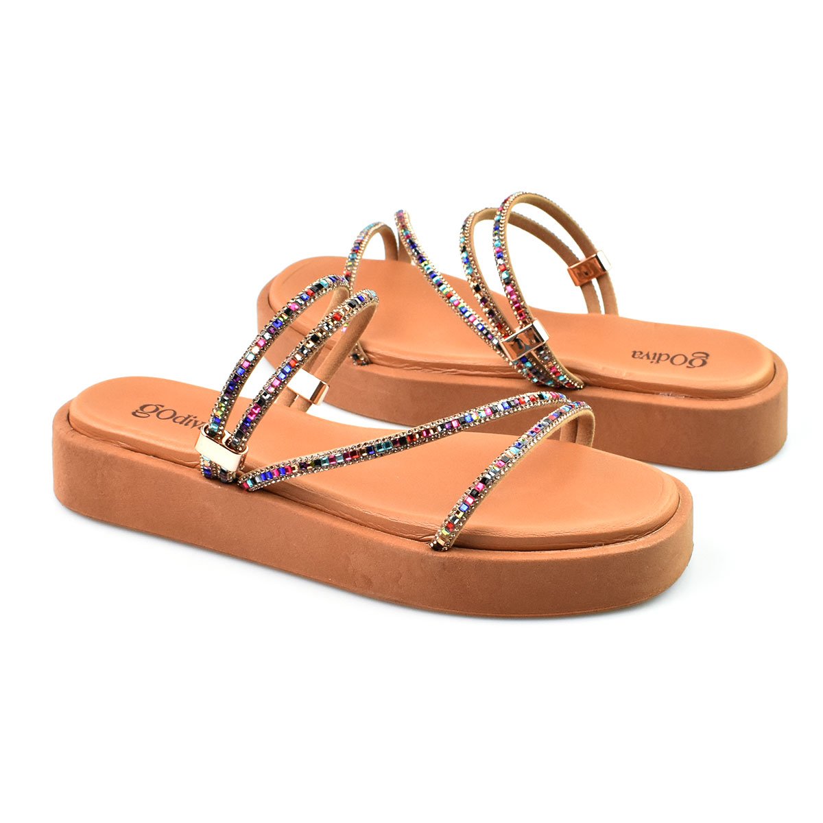 Sandália Godiva Plataforma Tiras Finas Com Strass Feminina Caramelo Caramelo 3