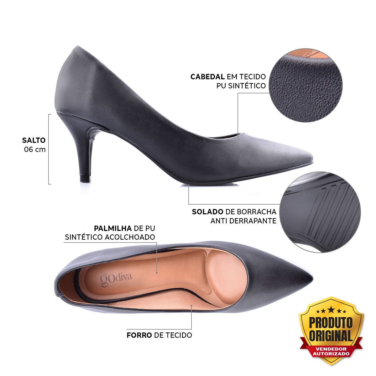Scarpin Godiva Casual Salto Fino Feminino Preto Preto 2