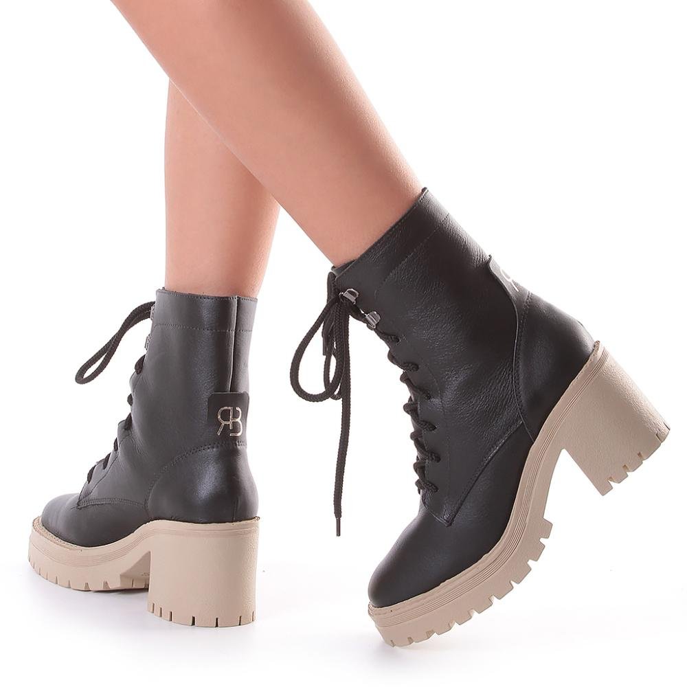 Bota Coturno Tratorado Couro Preto