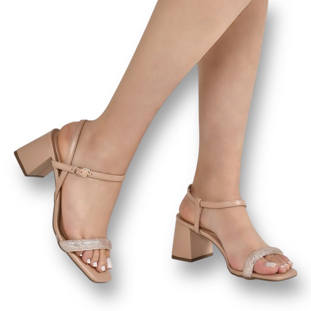 Sandália Feminina Via Marte Salto Grosso Strass Bege 171-010 Bege 2