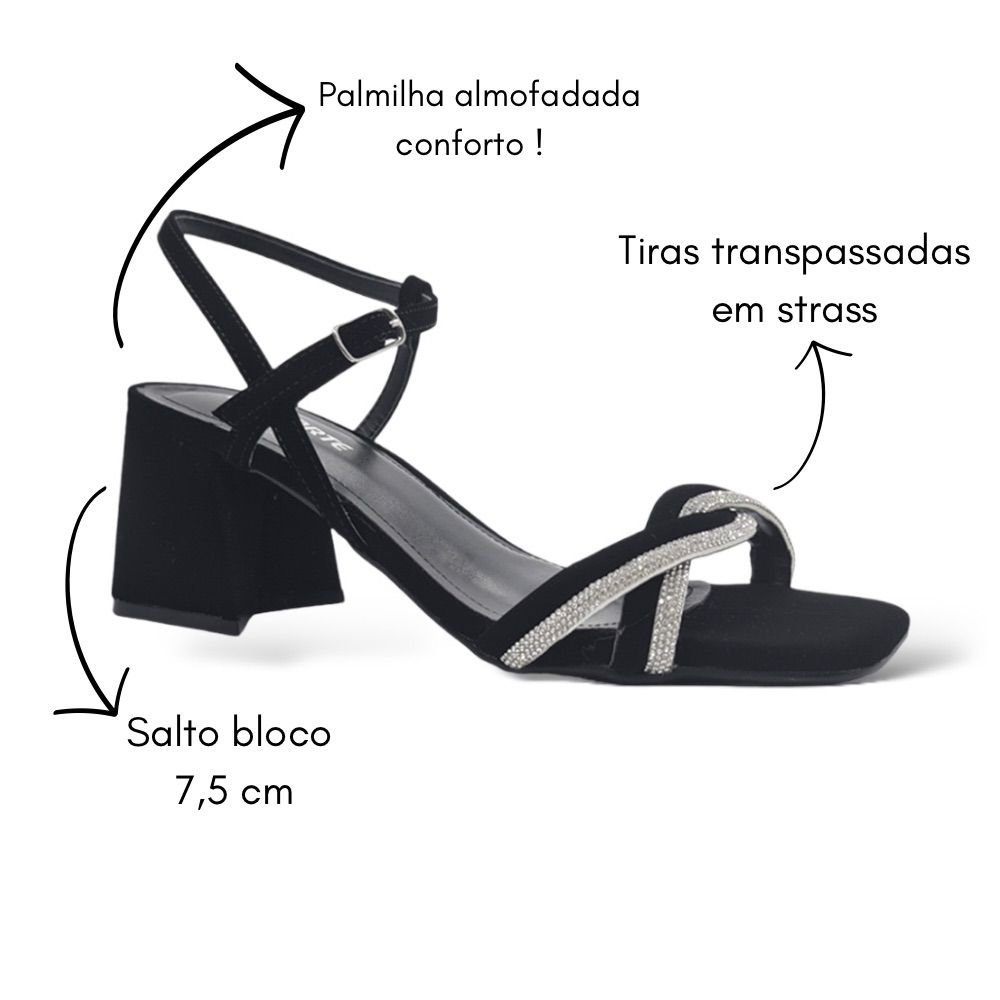 Sandália Feminina Salto Grosso Via Marte 23-17902 Brilho Strass Preto 4