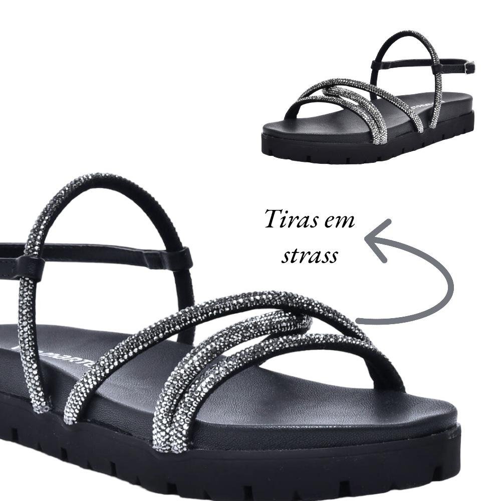 Sandália Papete Feminina Flatform Tiras Strass 23-17203-01 Preto 2