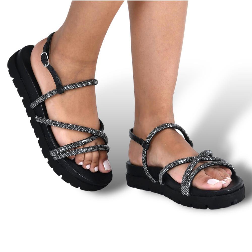 Sandália Papete Feminina Flatform Tiras Strass 23-17203-01 Preto 3