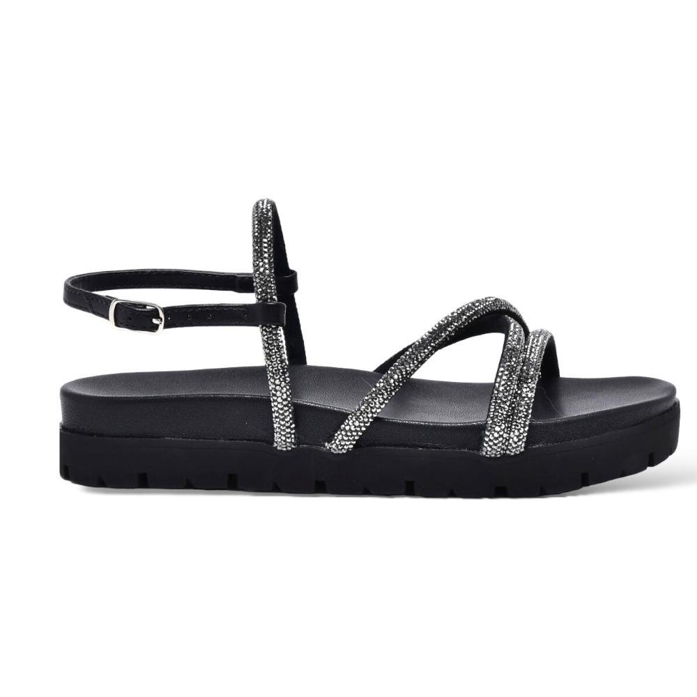 Sandália Papete Feminina Flatform Tiras Strass 23-17203-01 Preto 4