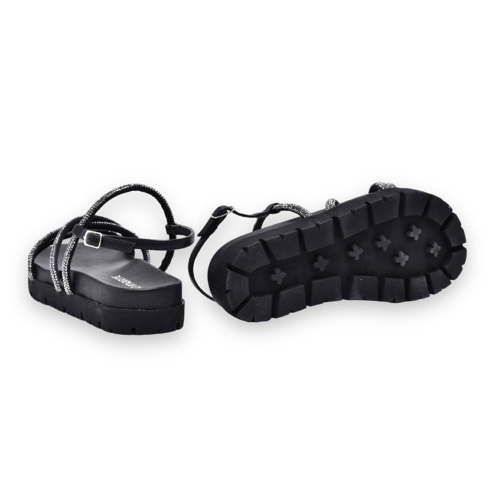 Sandália Papete Feminina Flatform Tiras Strass 23-17203-01 Preto 7