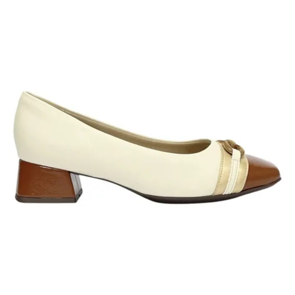 Sapato Piccadilly Scarpin Salto Médio 160099 Off White Off White/Marrom 2