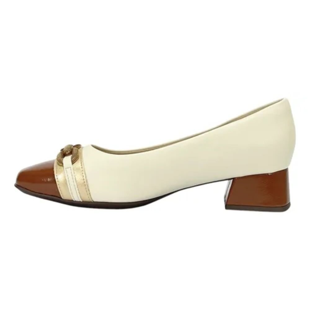 Sapato Piccadilly Scarpin Salto Médio 160099 Off White Off White/Marrom 3