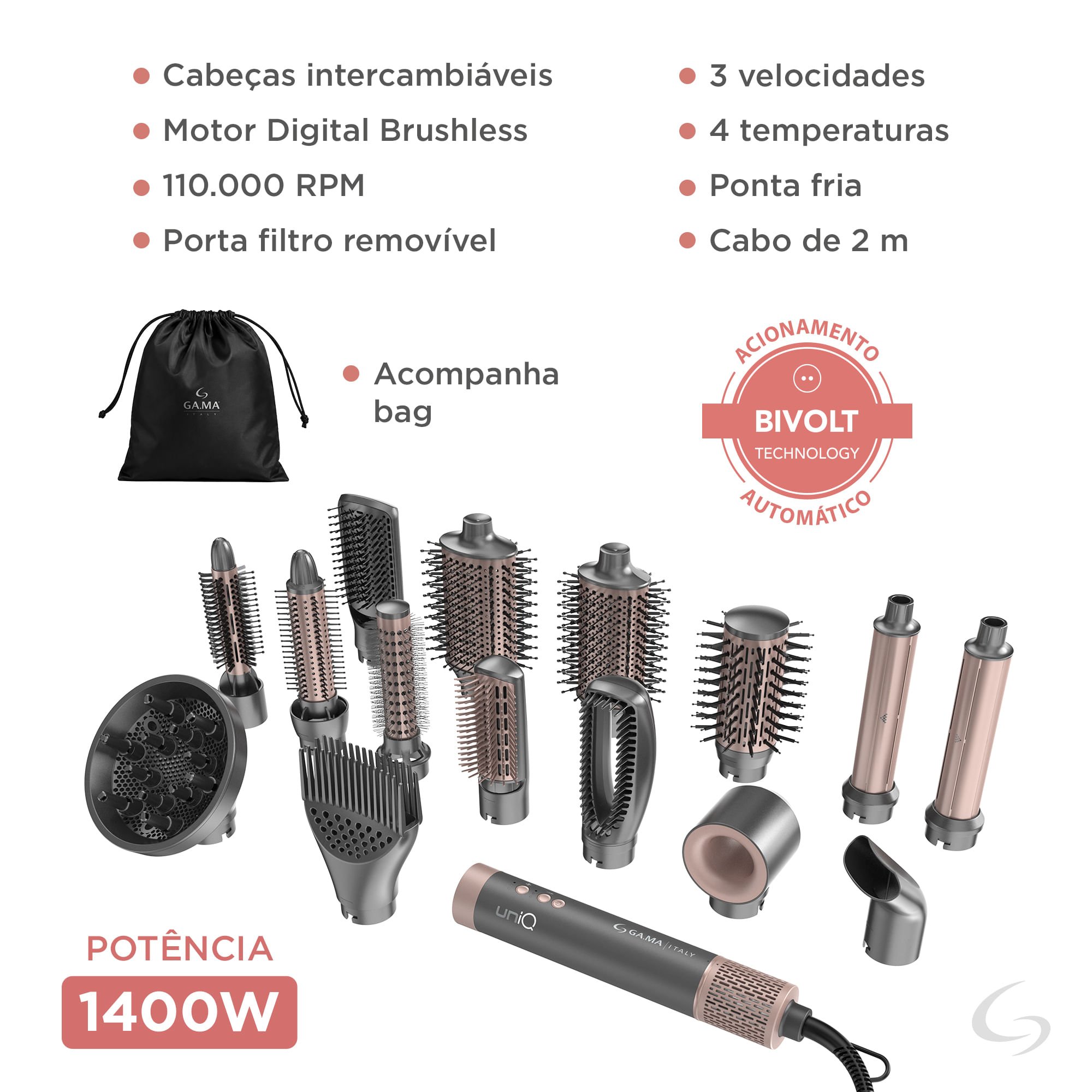 Secador de Cabelo Multistyler GA.MA uniQ Flow 15 em 1 Bivolt Cinza 8