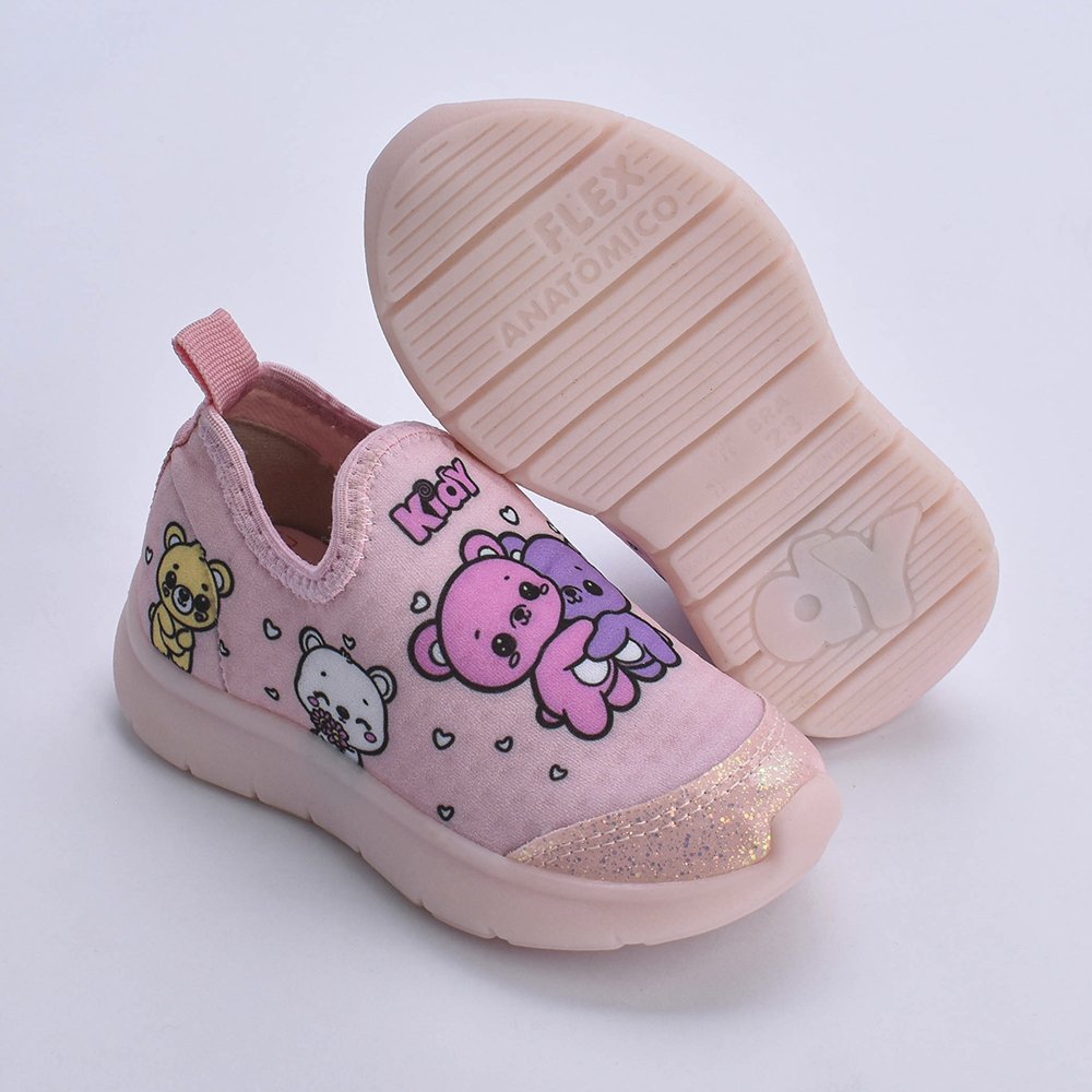 Tenis Infantil Kidy Flex Light Led Nude Calce Facil Ursinho Leve Macio Antiderrapante