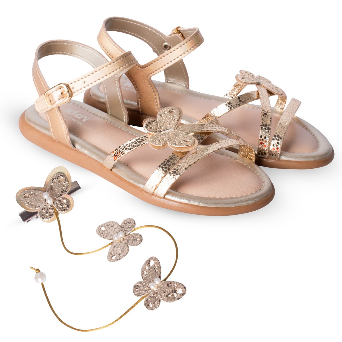 Sandalia Infantil Menina Kidy Cristal Ouro Confortavel Fashion Antiderrapante Com Acessorio Cabelo Dourado 4