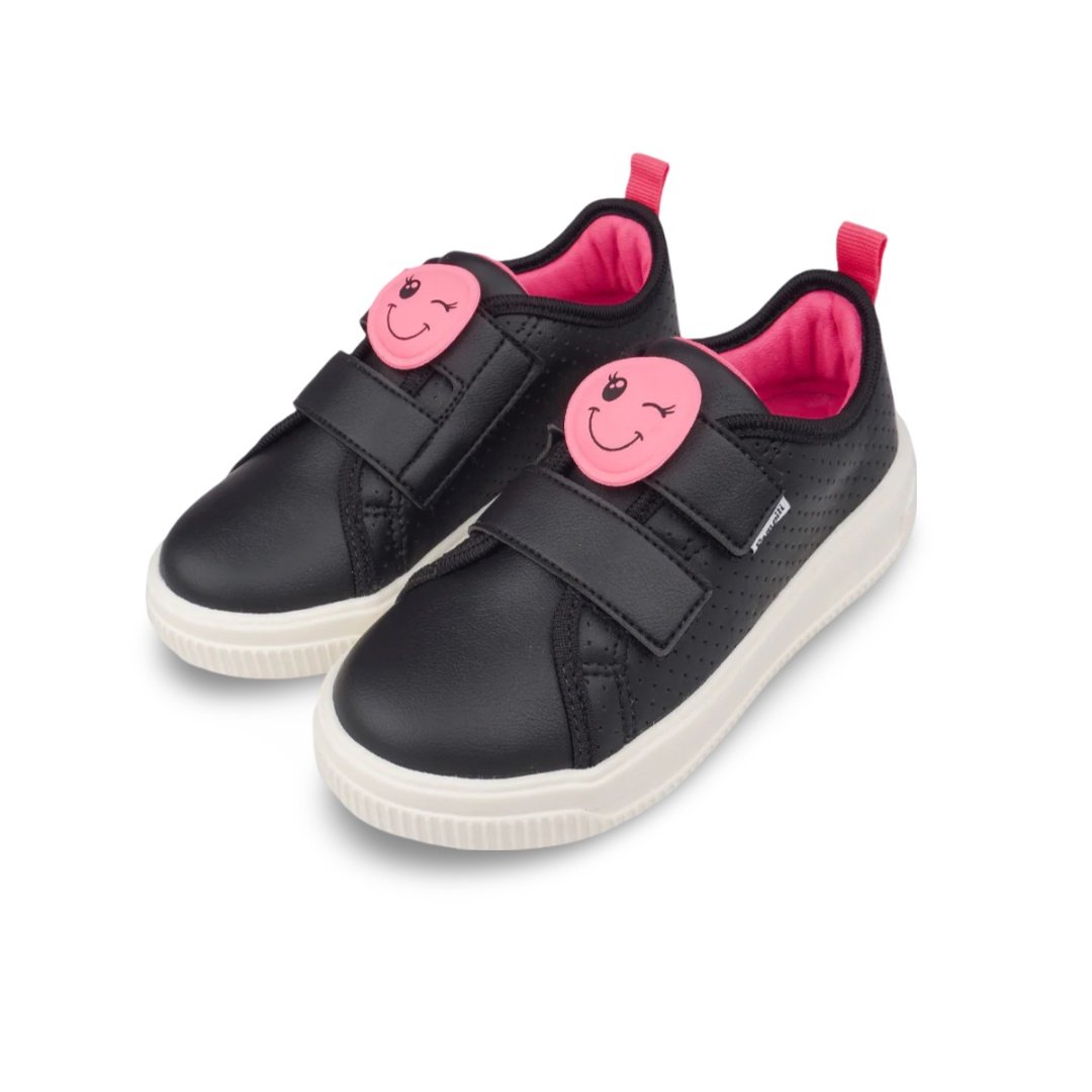 Tênis Infantil Feminino Pampili Up Patch Carinha Preto e Pink Fluor Preto/Rosa 1