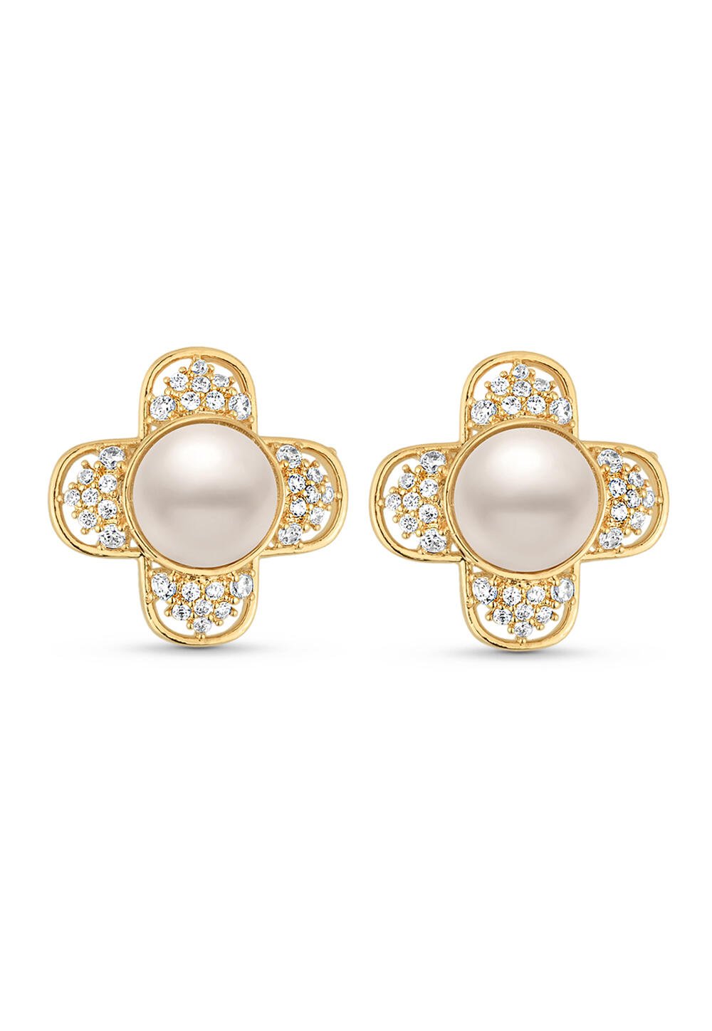Brinco Semijoia Flor com Pérola e Zircônias Banhado a Ouro Dourado 1