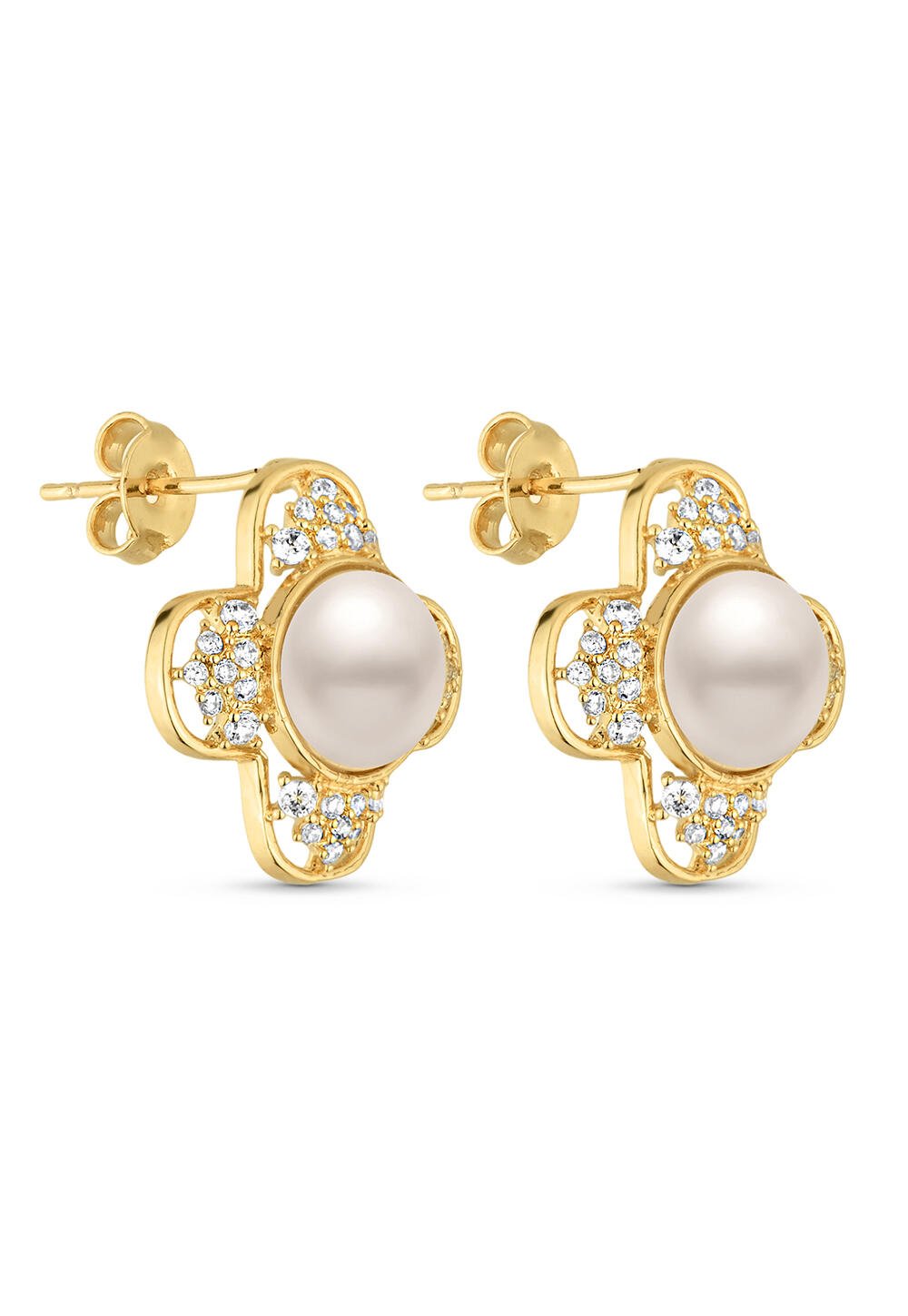 Brinco Semijoia Flor com Pérola e Zircônias Banhado a Ouro Dourado 3