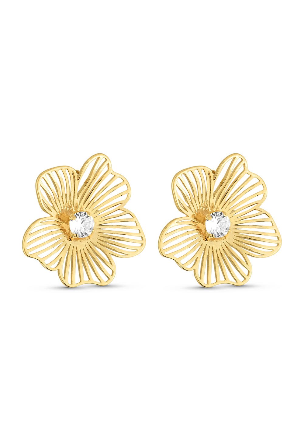 Brinco Semijoia Flor com Pétalas Vazadas e Zircônia Banhado 