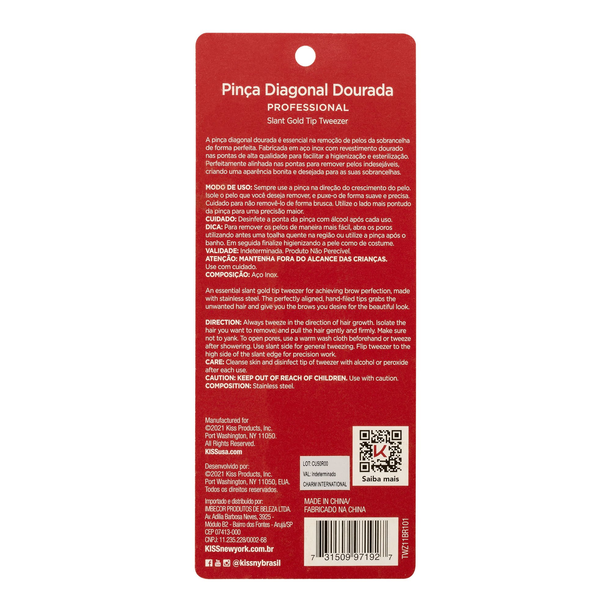 Pinça Ponta Diagonal Dourada Premium - Kiss New York