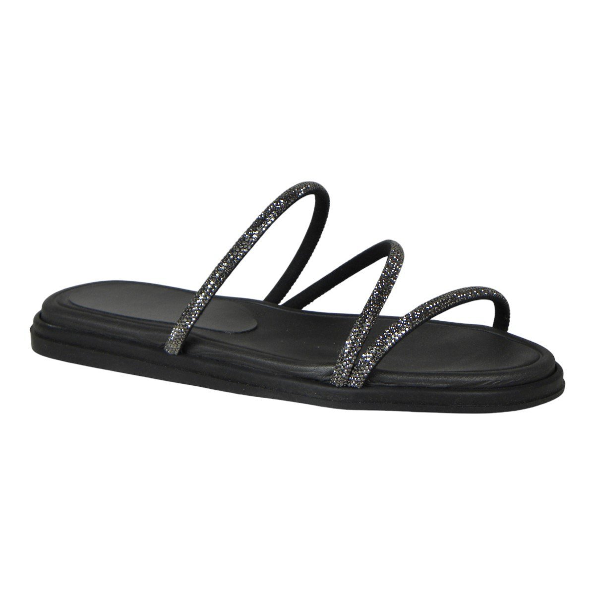 Sandália Rasteirinha Feminina Slide Com Brilho Confortável Preto 2