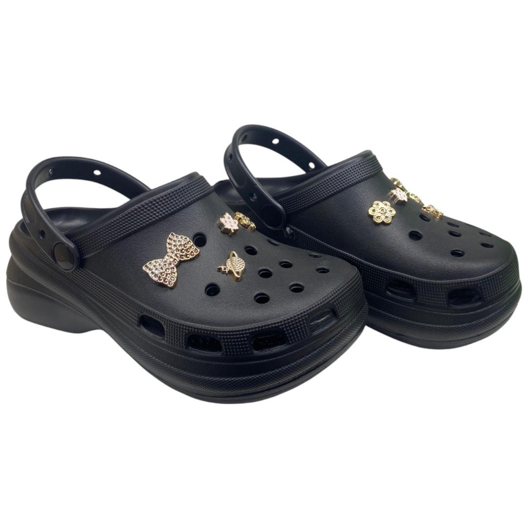 Sandália Babuche Feminina Plataforma Com Apliques Removíveis Preto 2