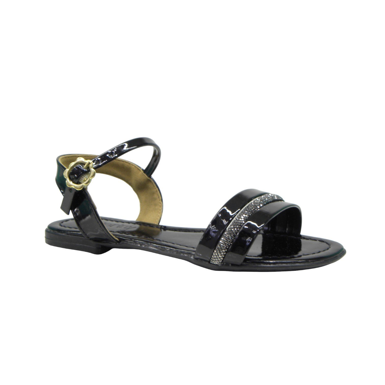 Sandália Rasteira Infantil Menina Com Brilho Fivela Lateral Preto 2