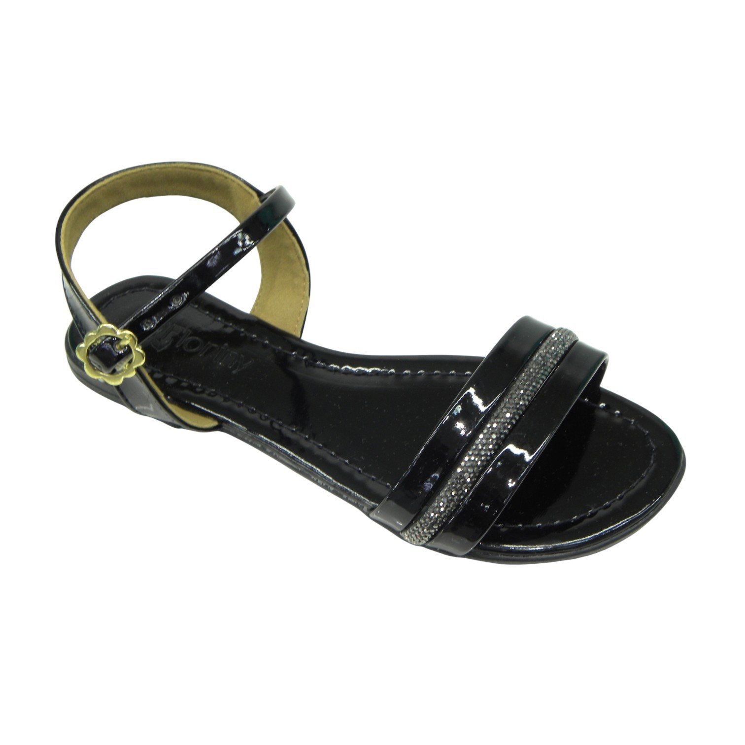 Sandália Rasteira Infantil Menina Com Brilho Fivela Lateral Preto 4