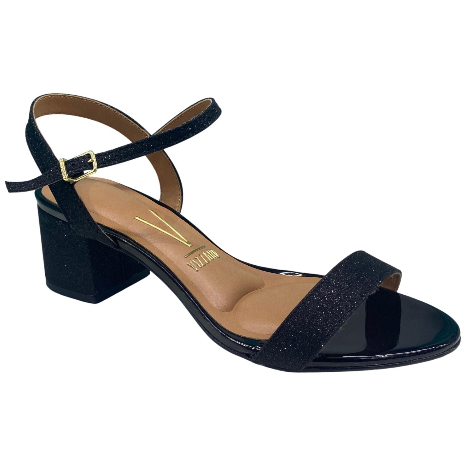 Sandália Casual Feminina Vizzano Salto Bloco Médio Brilhante Preto 2
