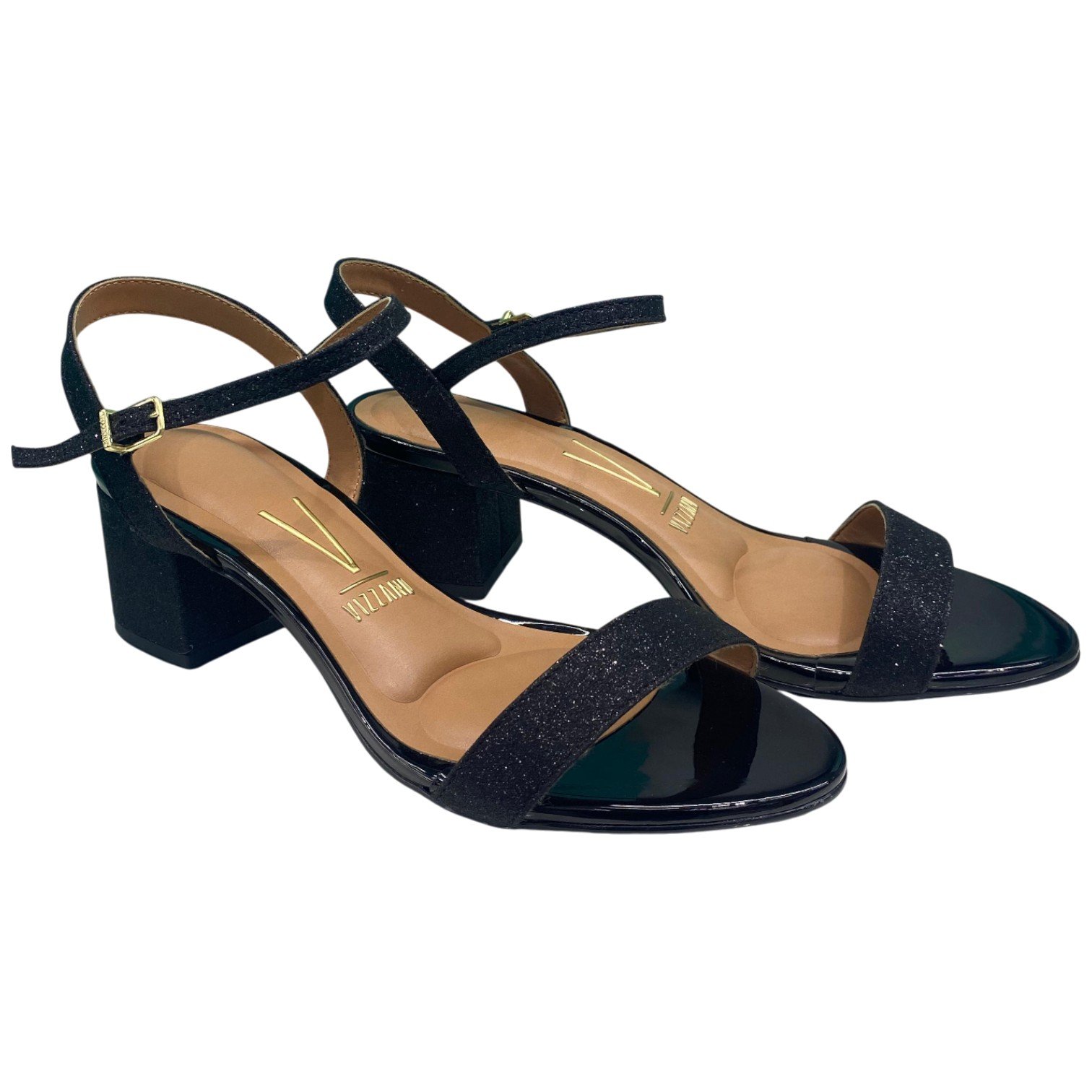 Sandália Casual Feminina Vizzano Salto Bloco Médio Brilhante Preto 3