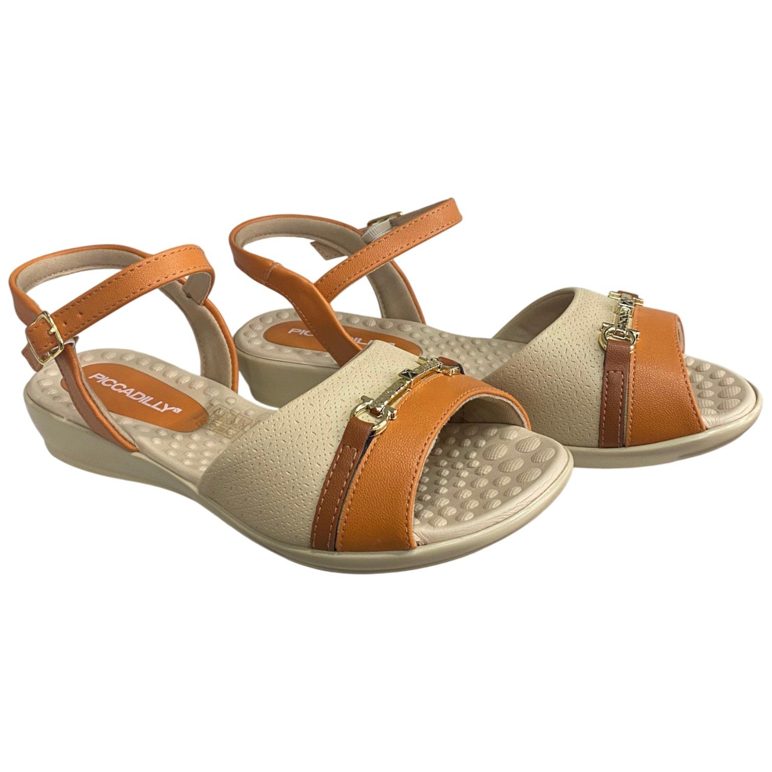 Sandália Feminina Salto Baixo Anabela Piccadilly Conforto Laranja/Bege 2