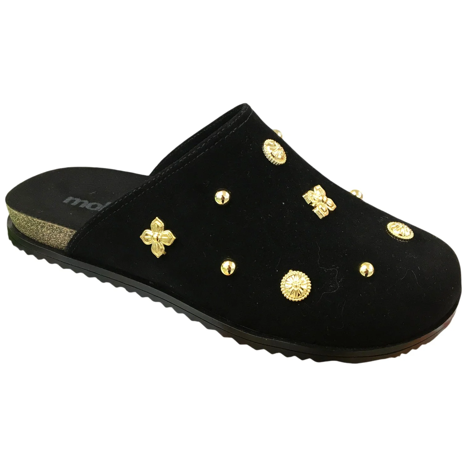 Mule Casual Feminino Moleca Camurça Com Apliques Confortável Preto 2