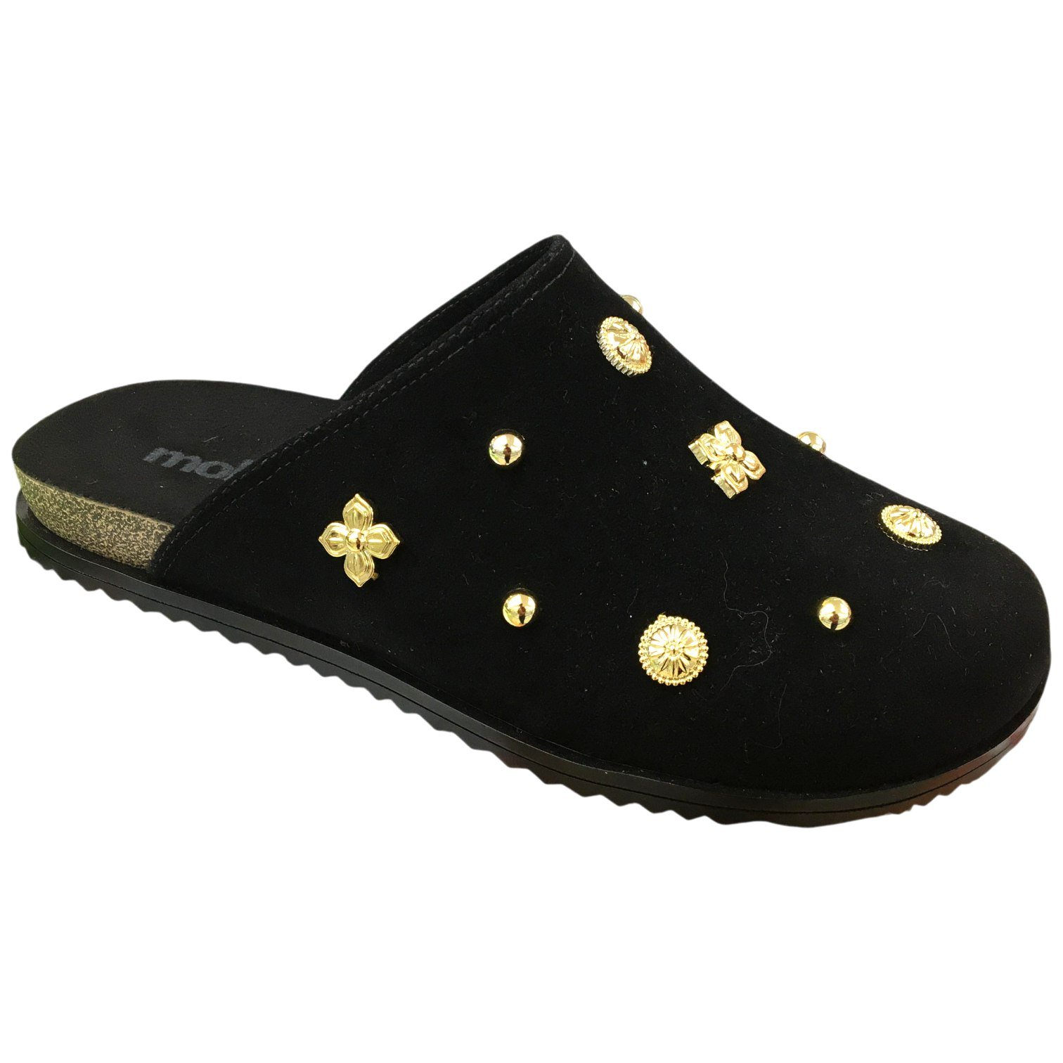 Mule Casual Feminino Moleca Camurça Com Apliques Confortável Preto 2