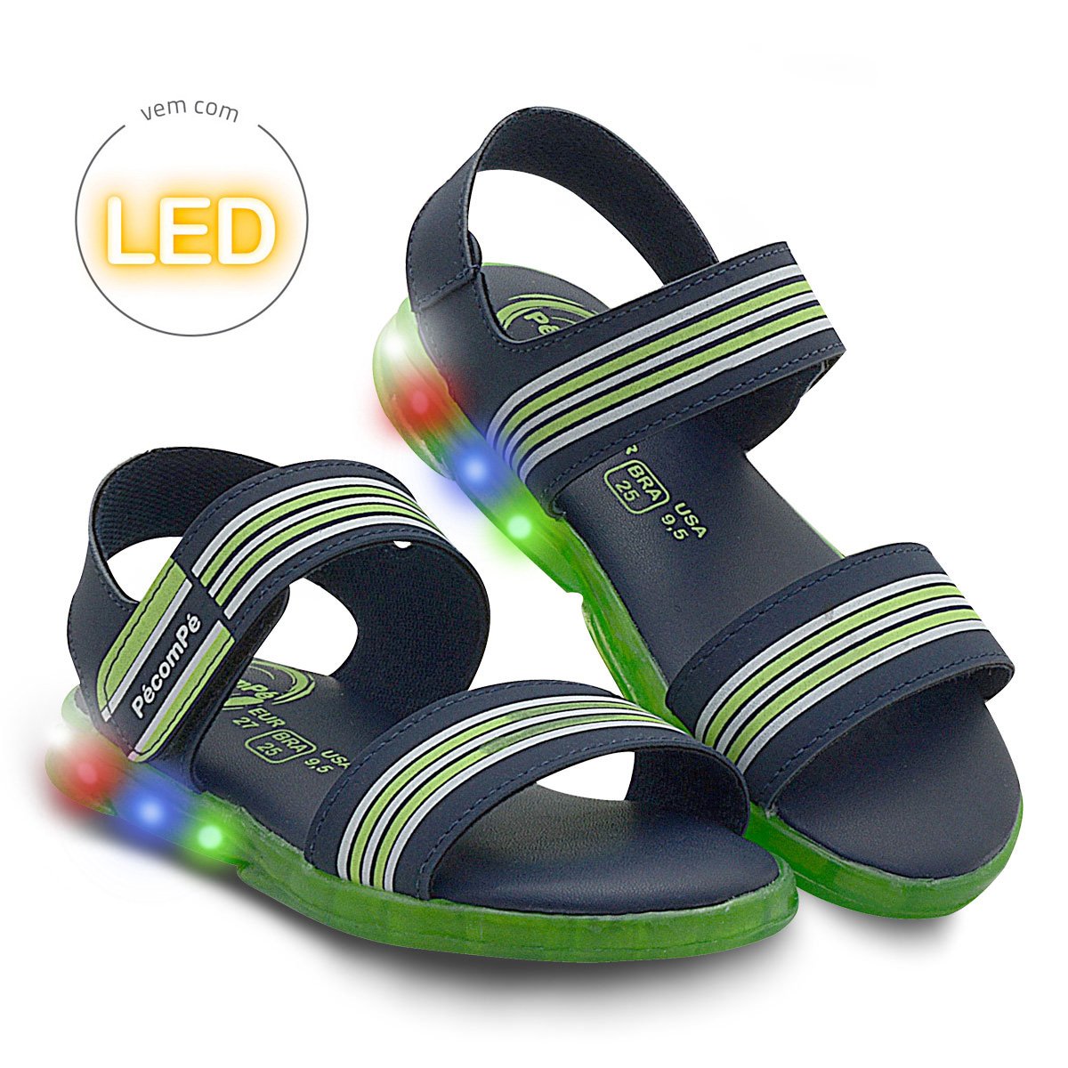 Sandalia Papete Infantil Menino Com Luzes De Led Pe com Pe Marinho/Verde 2