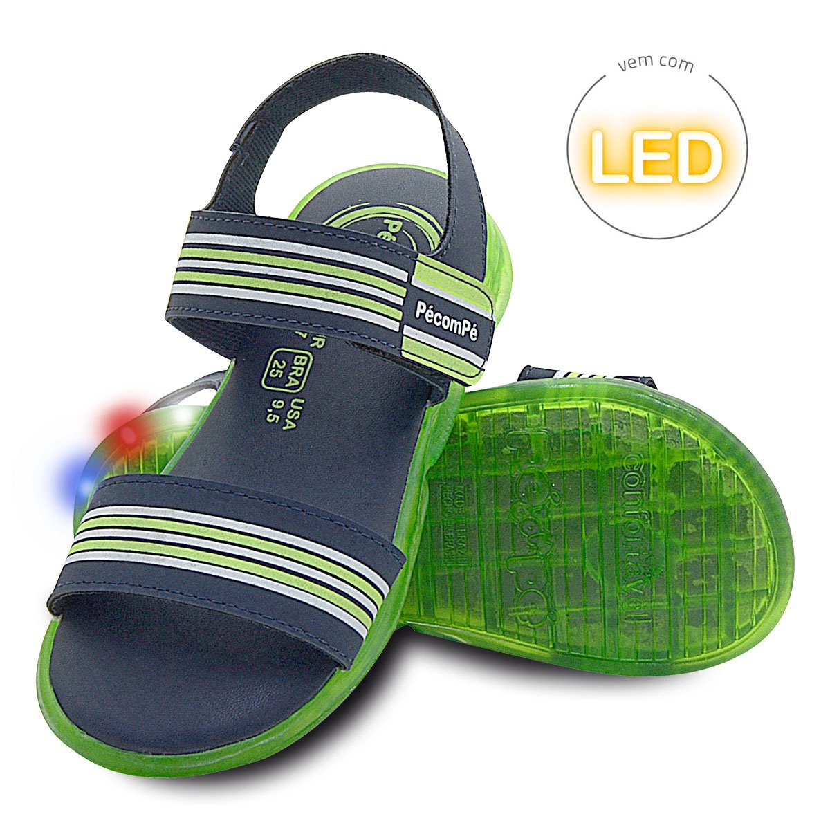 Sandalia Papete Infantil Menino Com Luzes De Led Pe com Pe Marinho/Verde 5
