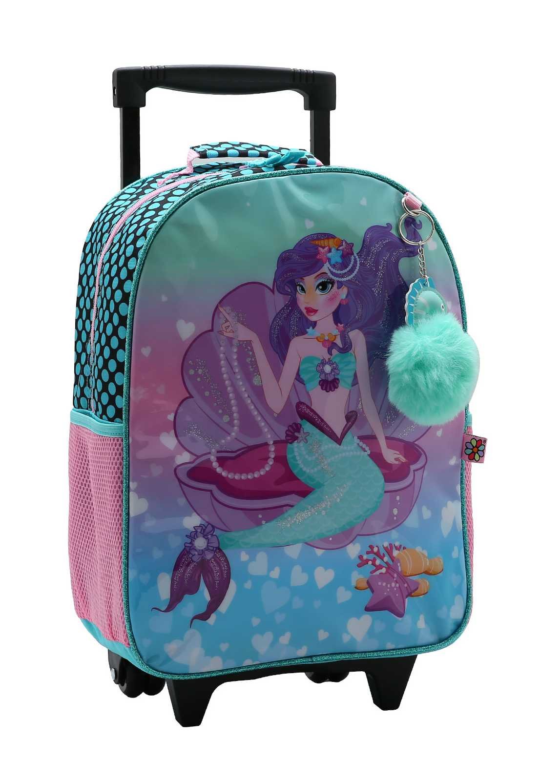 Mochila Escolar Menina Infantil Sereia com Rodinhas  Pompom e Bolso Lateral 8734345