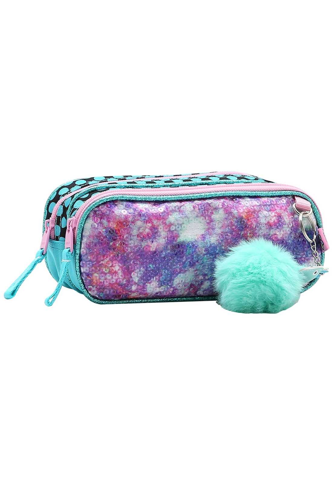 Estojo Escolar Menina Infantil Sereia com Pompom Duplo Zíper 0734350