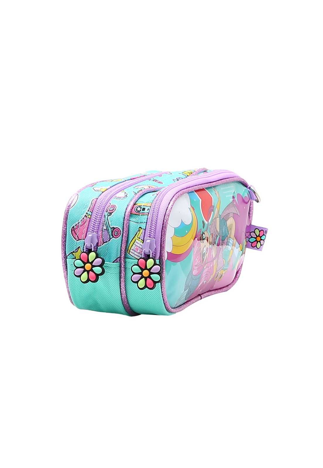 Estojo Escolar Infantil Estampa Menina Patins 0734368 Verde/Lilás 2