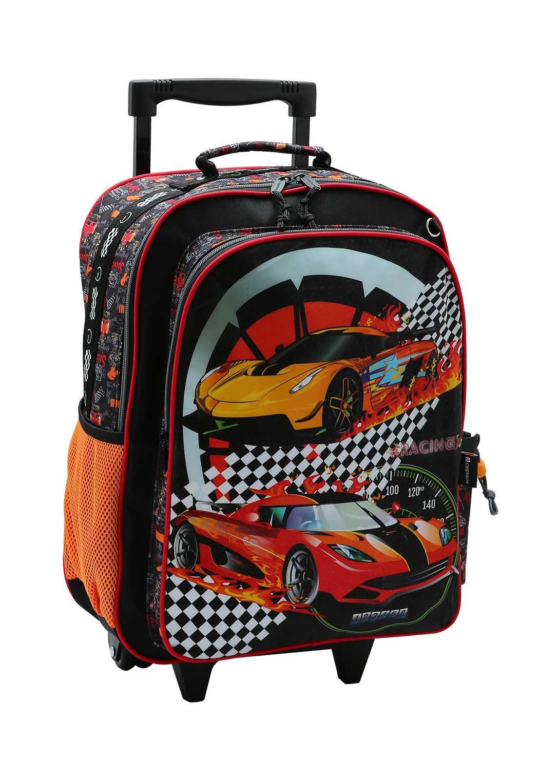 Mochila Escolar de Rodinhas Menino Estampa Carros de Corrida 8734369