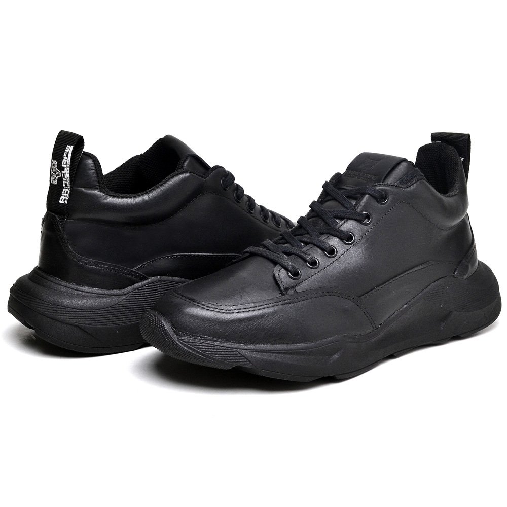 Tênis Masculino Cano Médio Em Couro Confortável Preto 2