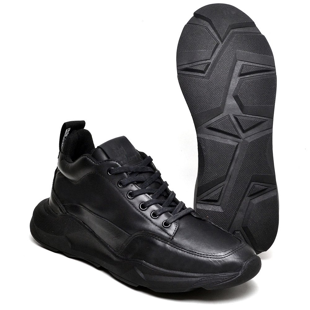 Tênis Masculino Cano Médio Em Couro Confortável Preto 4