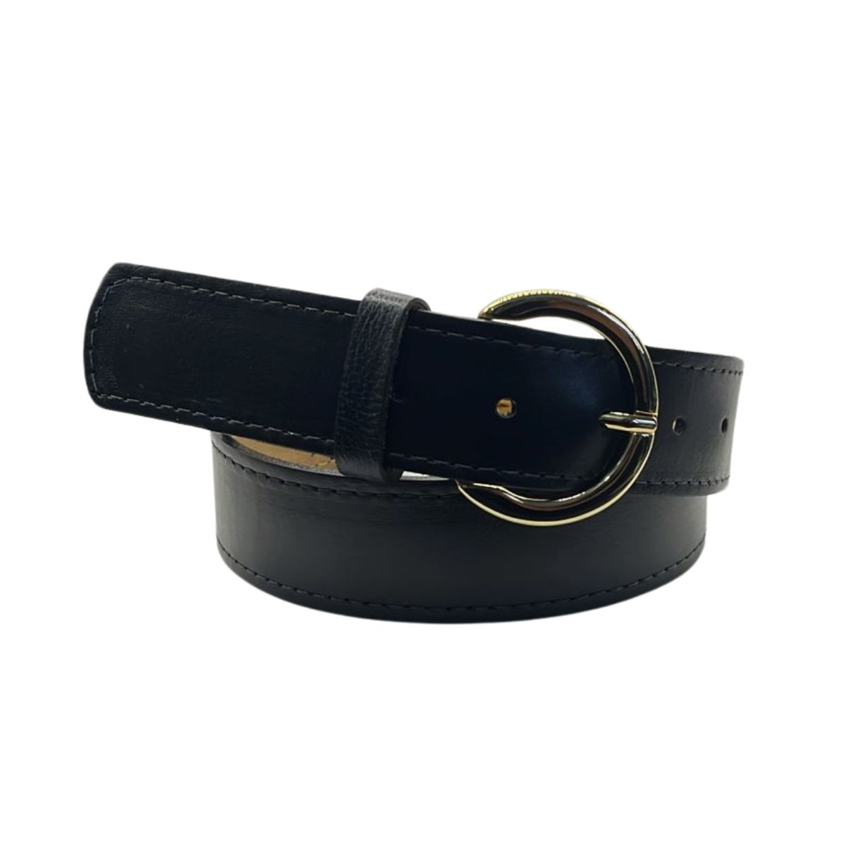 Cinto Feminino de Couro Com Fivela Redonda Dourada Preto 1