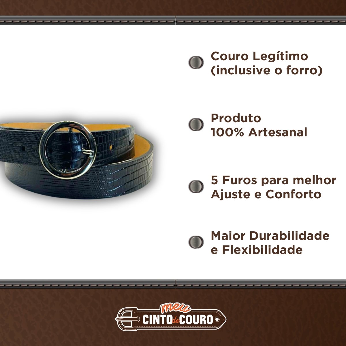 Cinto Feminino de Couro Legitimo com Fivela Redonda Niquel 2 cm de Largura Lezar Preto 2