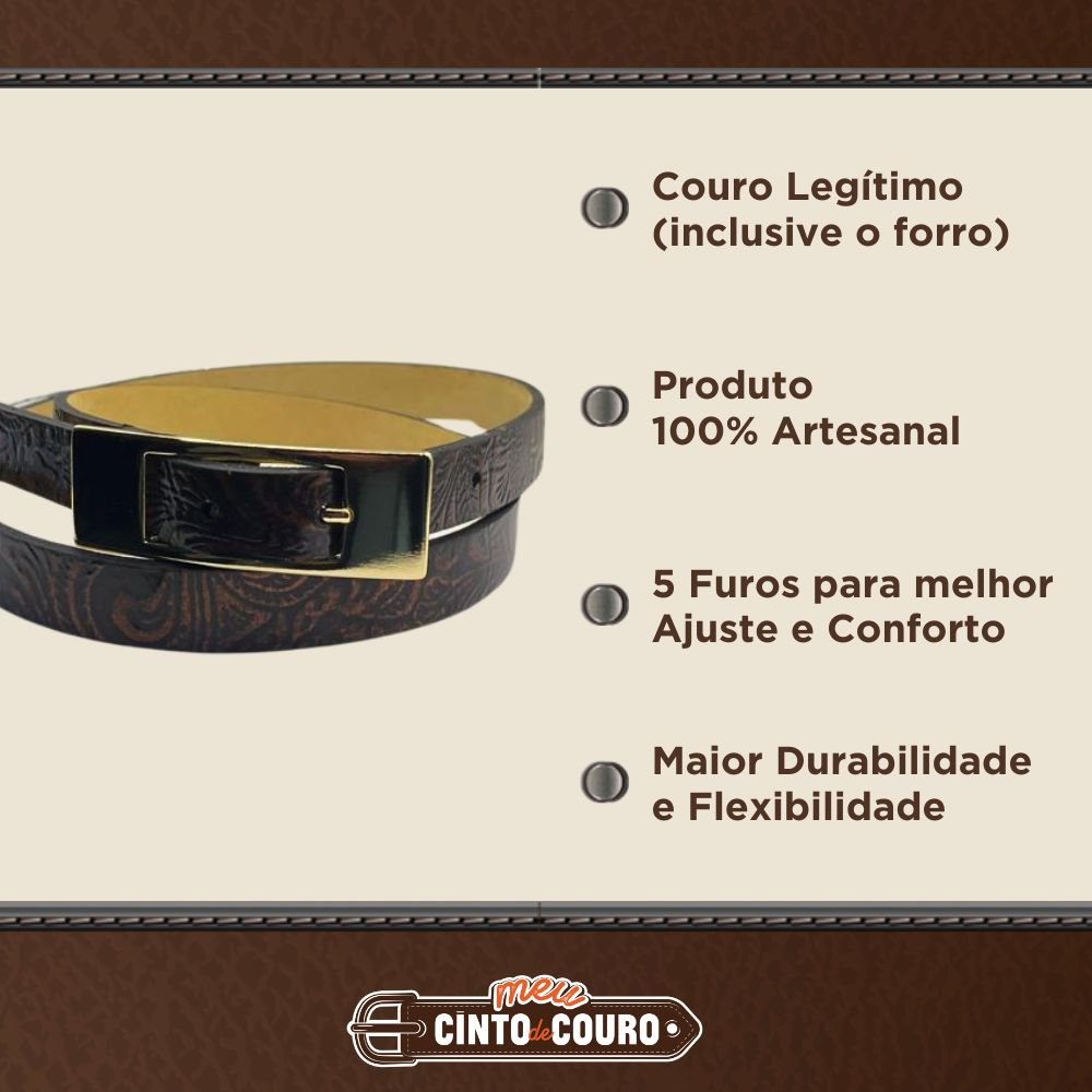 Cinto Feminino de Couro Legitimo Damasco 2 cm de Largura Fivela Dourada Damasco 3